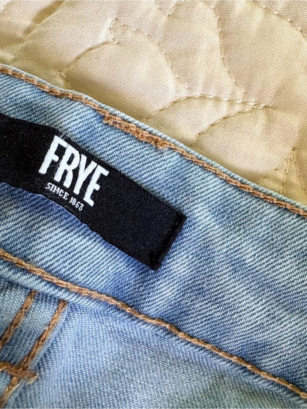 Frye Light Blue Denim Jeans with Brown Leather Patch - Picture 4 of 5